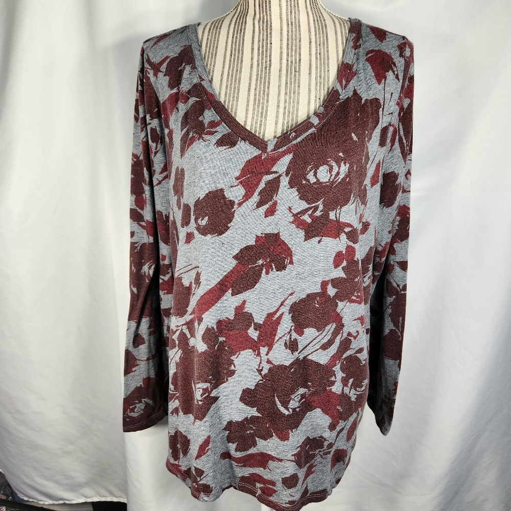 Lane Bryant Grey & Maroon Floral V Neck Long Sleeve Top Plus Size 18/20